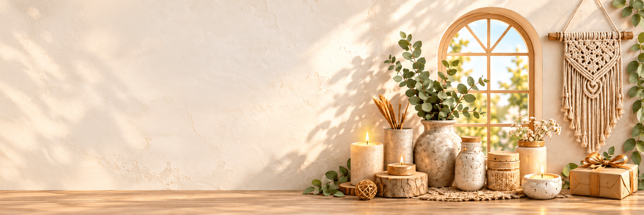 Handmade candles, stoneware vases and a macramé hanging on a sunlit shelf